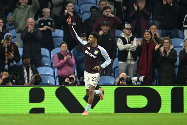 Ian Maatsen of Aston Villa celebrates scoring his team's first goal during the UEFA Europa League 2025/26 League Phase MD4 match between Aston Villa FC and Maccabi Tel-Aviv FC at Villa Park on November 06, 2025 in Birmingham, England.