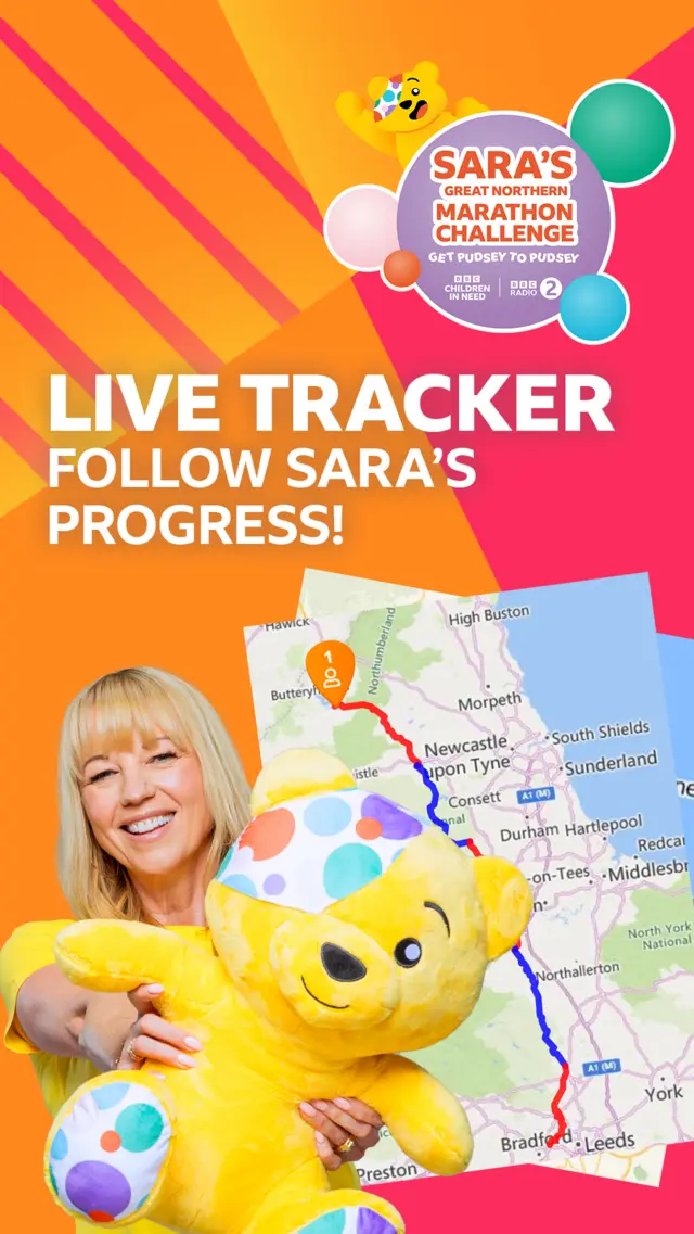 Promo graphic showing Sara Cox and Pudsey in front of a map of Sara's challenge route