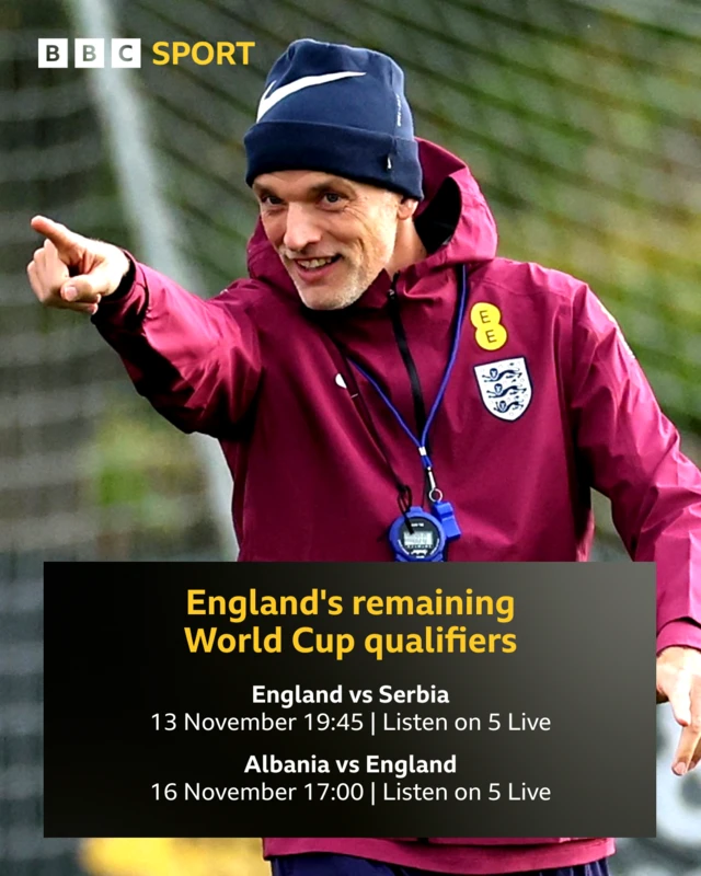 England's remaining World Cup qualifying fixtures - Serbia (h) at 19:45 GMT on Thursday, 13 November and Albania (a) at 17:00 GMT on Sunday, 16 November