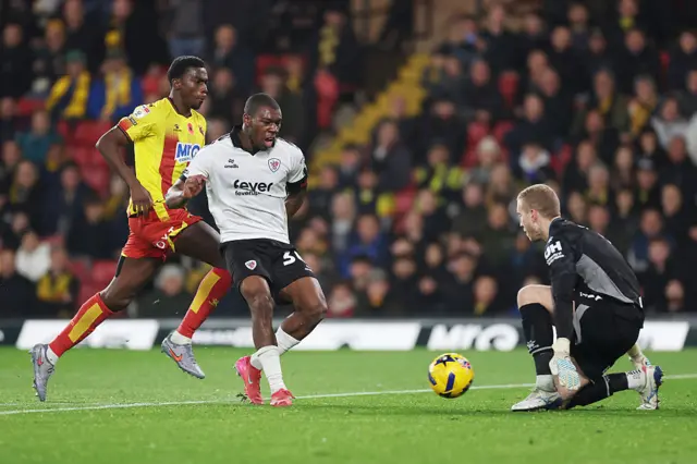 Sinclair Armstrong of Bristol City has a shot saved by Egil Selvik of Watford