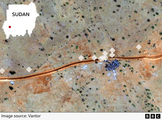 Satellite image highlights location of bodies near cluster of burnt out vehicles north of el-Fasher, Sudan