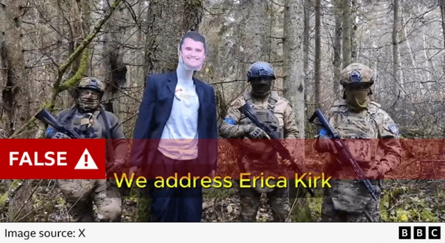 A screengrab from a Russian troll video of three supposed Ukrainian soldiers threatening Charlie Kirk's widow alongside an effigy of the US conservative influencer