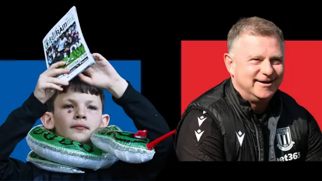 Blackburn fan with a plastic snake against Derby next to a pic of Mark Robins smiling in the dugout