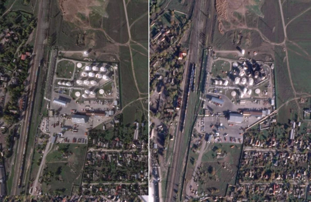 Satellite imagery showing damage to oil depot between 15 Oct (l) and 1 Nov (r)