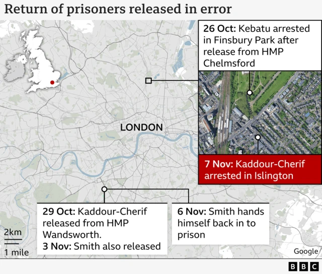 Map showing London, there is a marker at the top of the image which shows Finsbury Park, below is a marker showing Wandsworth Prison location. There are boxes that outline when Smith and Kaddour-Cherif were released and then arrested or handed themselves back.