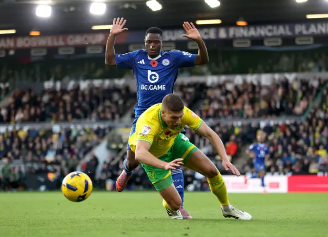 Leicester City's Patson Daka and Norwich City's Jakov Medic battle for the ball