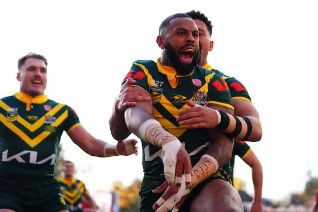 Josh Addo Carr of Australia celebrates try