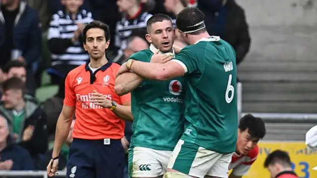 Nick Timoney of Ireland celebrates scoring second try with teammate Ryan Baird