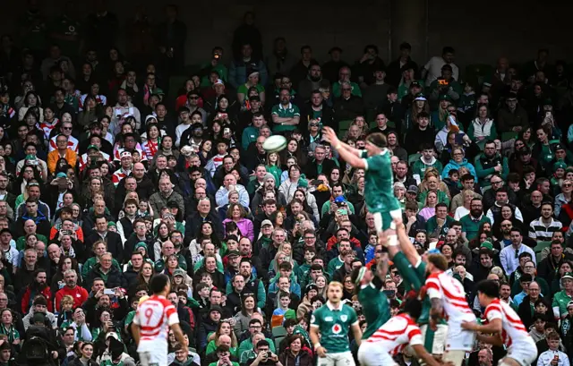 Supporters watch on during the match between Ireland and Japan at the Aviva Stadium in Dublin.