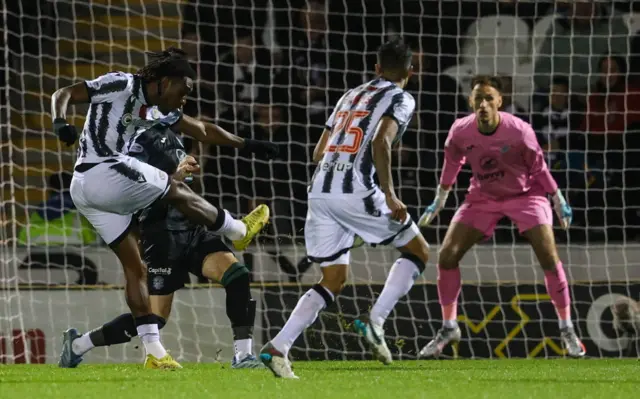 Dan Nlundulu scores for St Mirren before his goal is ruled out for offside