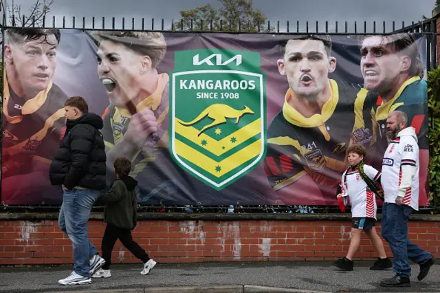 Australia banner on show outside Headingley as fans walk past