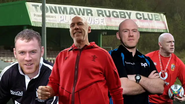 Images of Steve Tandy at different ages in front of Tonmawr rugby club