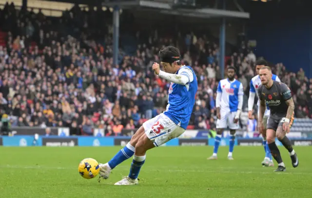 Yuki Ohashi of Blackburn Rovers scores a penalty