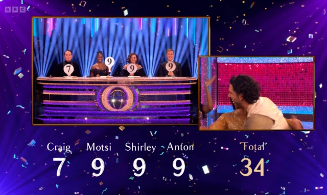 Scoreboard that reads: 7, 9, 9, 9 and 34.