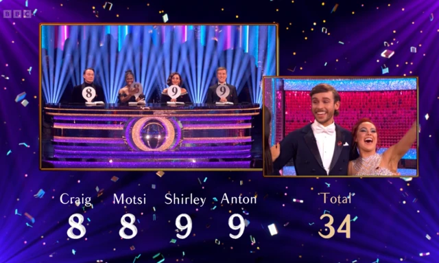 Scoreboard reading: 8, 8, 9, 9, and 34.