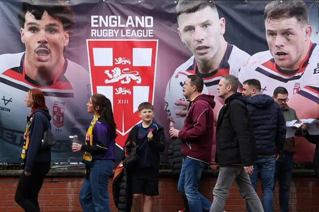 England banner on show outside Headingley as fans walk past