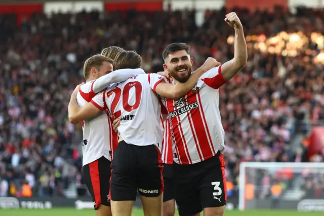 Ryan Manning of Southampton celebrates after team mate Caspar Jander scored the opening goal