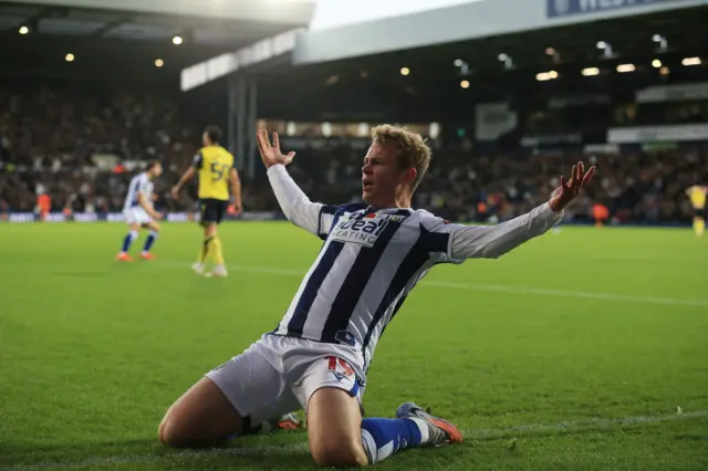 Aune Heggebø of West Bromwich Albion celebrates scoring