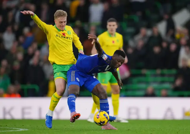 Pelle Mattsson of Norwich City and Patson Daka of Leicester City