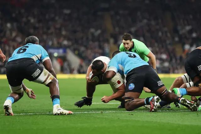 Ellis Genge of England scores his team's third try during the Quilter Nations Series 2025