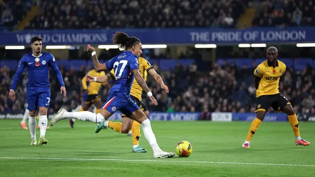 Malo Gusto takes a shot for Chelsea