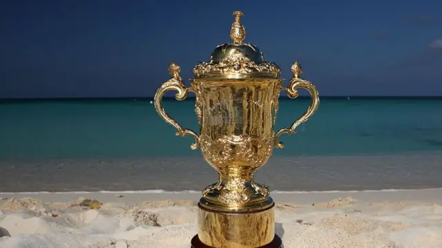 William Webb Ellis trophy on beach