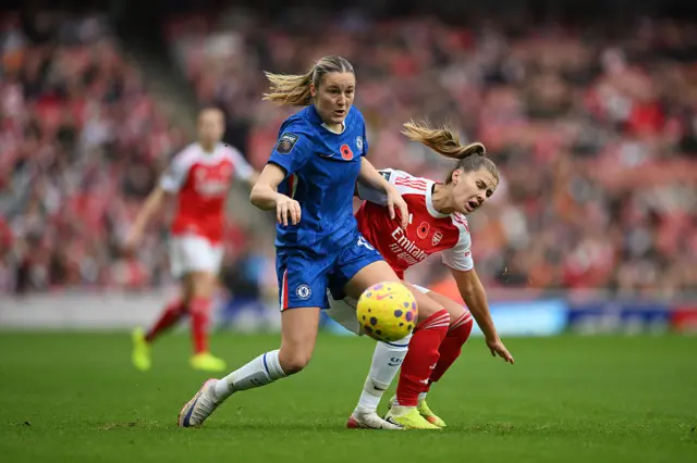 Wieke Kaptein of Chelsea and Victoria Pelova of Arsenal battle for possession