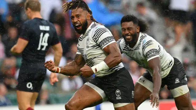 Waisea Nayacalevu of Fiji celebrates scoring in the 2023 game