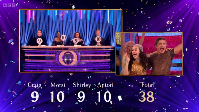 Scoreboard that reads: 9, 10, 9, 10 and 38.