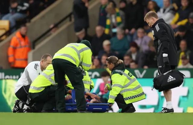 Leicester City's Ben Nelson is stretchered off