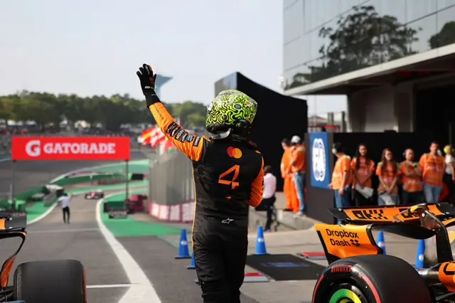 Lando Norris waves to the crowd in Sao Paulo