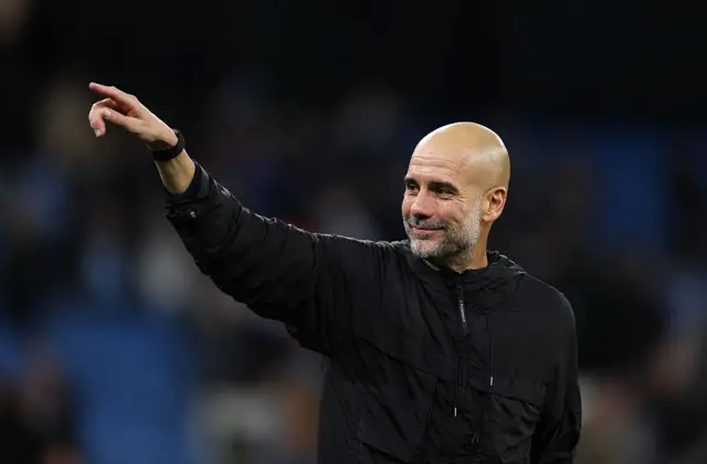 Pep Guardiola, Manager of Manchester City, acknowledges the fans after the Premier League match between Manchester City and Liverpool at Etihad Stadium on November 09, 2025 in Manchester, England.