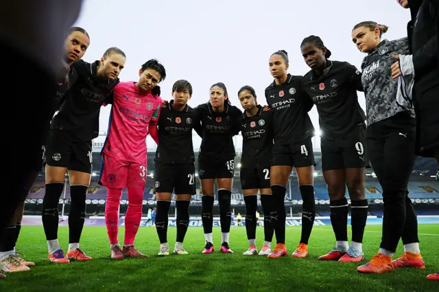 Players of Manchester City enter a huddle prior to the Barclays Women's Super League match between Everton and Manchester City at Goodison Park on November 09, 2025 in Liverpool, England.