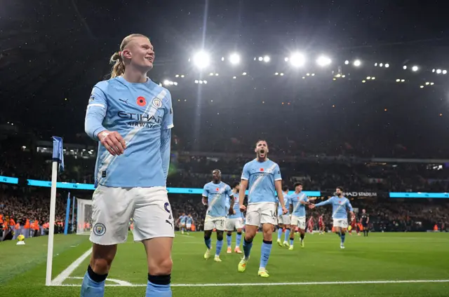 Erling Haaland of Manchester City celebrates scoring his team's first goal during the Premier League match between Manchester City and Liverpool at Etihad Stadium on November 09, 2025 in Manchester, England.