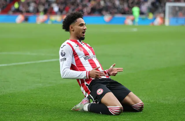 Brentford's Kevin Schade celebrates scoring his side's first goal during the Premier League match between Brentford and Newcastle United at Gtech Community Stadium on November 9, 2025 in Brentford, England.