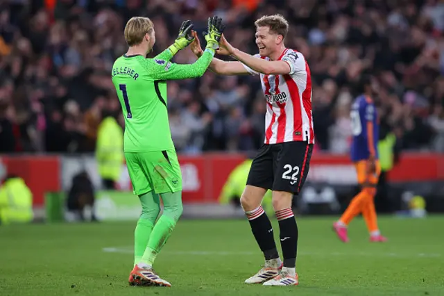 Nathan Collins and Caoimhin Kelleher of Brentford celebrate