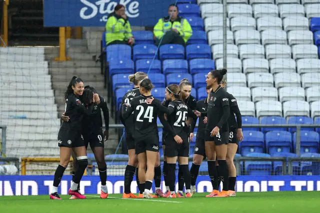 Khadija Shaw of Manchester City celebrates scoring her team's second goal with teammates during the Barclays Women's Super League match between Everton and Manchester City at Goodison Park on November 09, 2025 in Liverpool, England.