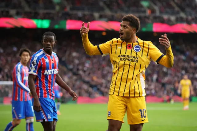 Brighton & Hove Albion's Georginio Rutter reacts as a penalty is awarded to Brighton & Hove Albion before it is overruled by a VAR review