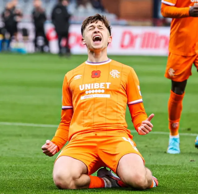 Mikey Moore celebrates his first Rangers goal