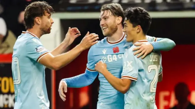 Motherwell celebrate Elijh Just's equaliser