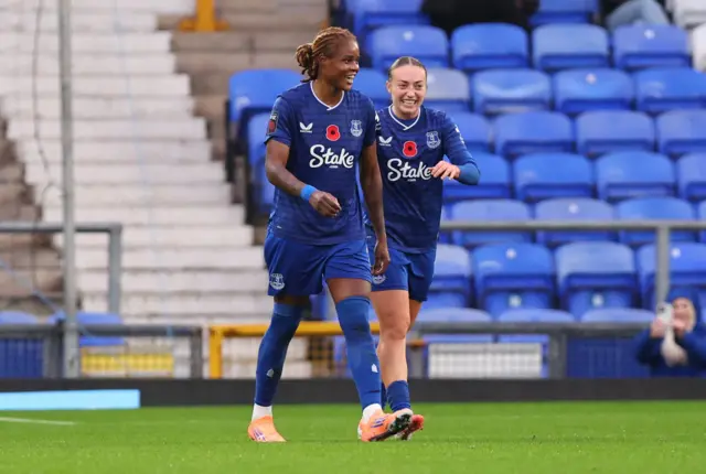 Everton's Kelly Gago celebrates scoring their first goal with Ornella Vignola