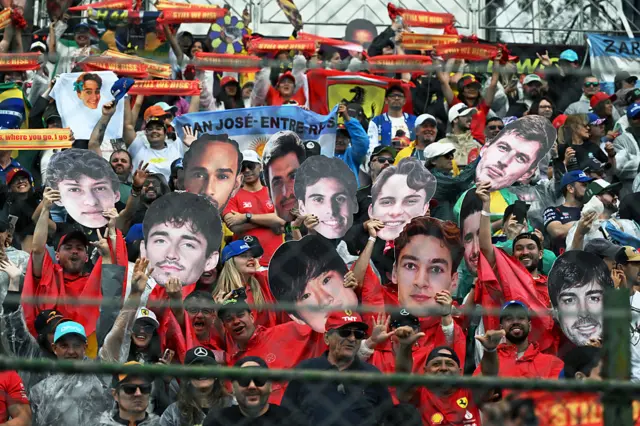 Fans hold up driver's faces in the crowd in Sao Paulo