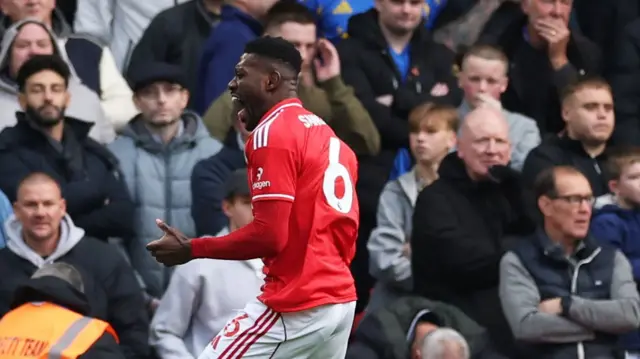 Nottingham Forest's Ibrahim Sangare celebrates scoring their first goal with Neco Williams