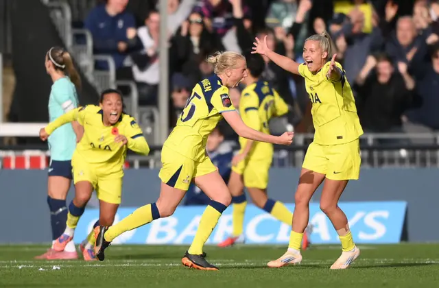Eveliina Summanen of Tottenham Hotspur scores her team's second goal from a direct free-kick during the Barclays Women's Super League match between London City Lionesses and Tottenham Hotspur at Copperjax Community Stadium on November 09, 2025 in Bromley, England.