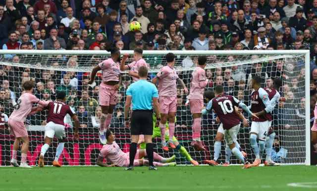 Aston Villa's Emiliano Buendia scores their first goal from a free kick