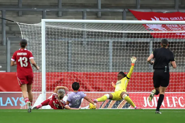 Beata Olsson of Liverpool scores her team's first goal during the Barclays Women's Super League match between Liverpool and Brighton & Hove Albion at The St Helens Stadium