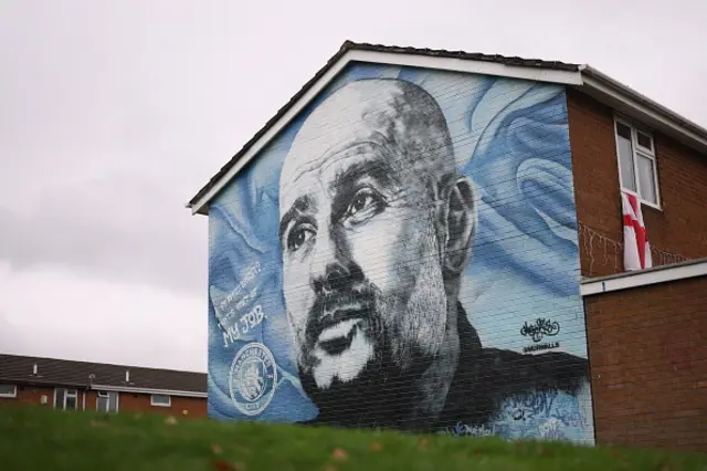 A general view of a mural of Pep Guardiola