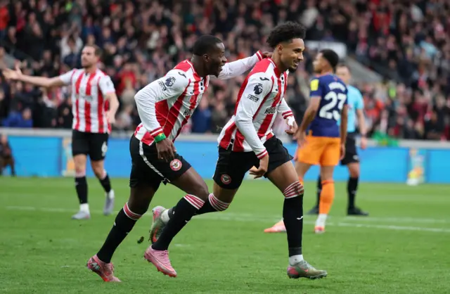 Brentford's Kevin Schade celebrates scoring their first goal with Brentford's Dango Ouattara