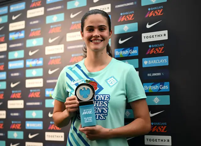 Freya Godfrey of London City Lionesses poses for a photo with the Player Of The Match award