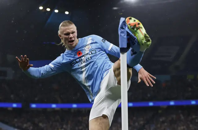 Manchester City's Erling Haaland celebrates scoring their first goal